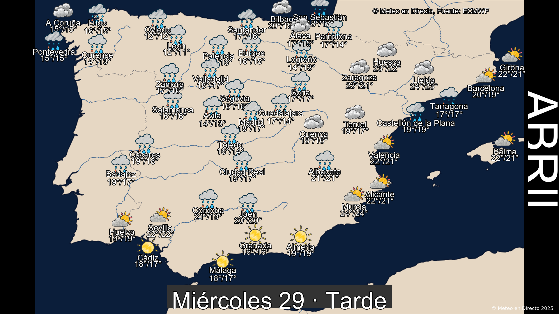 Previsión del tiempo España 29 de abril de 2026 mapa tarde