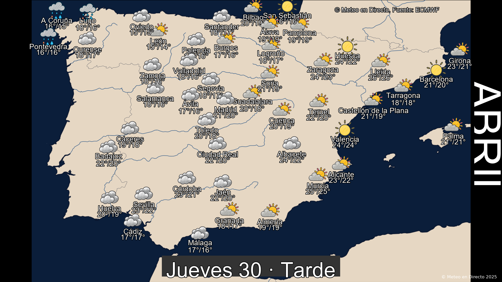 Previsión del tiempo España 30 de abril de 2026 mapa tarde