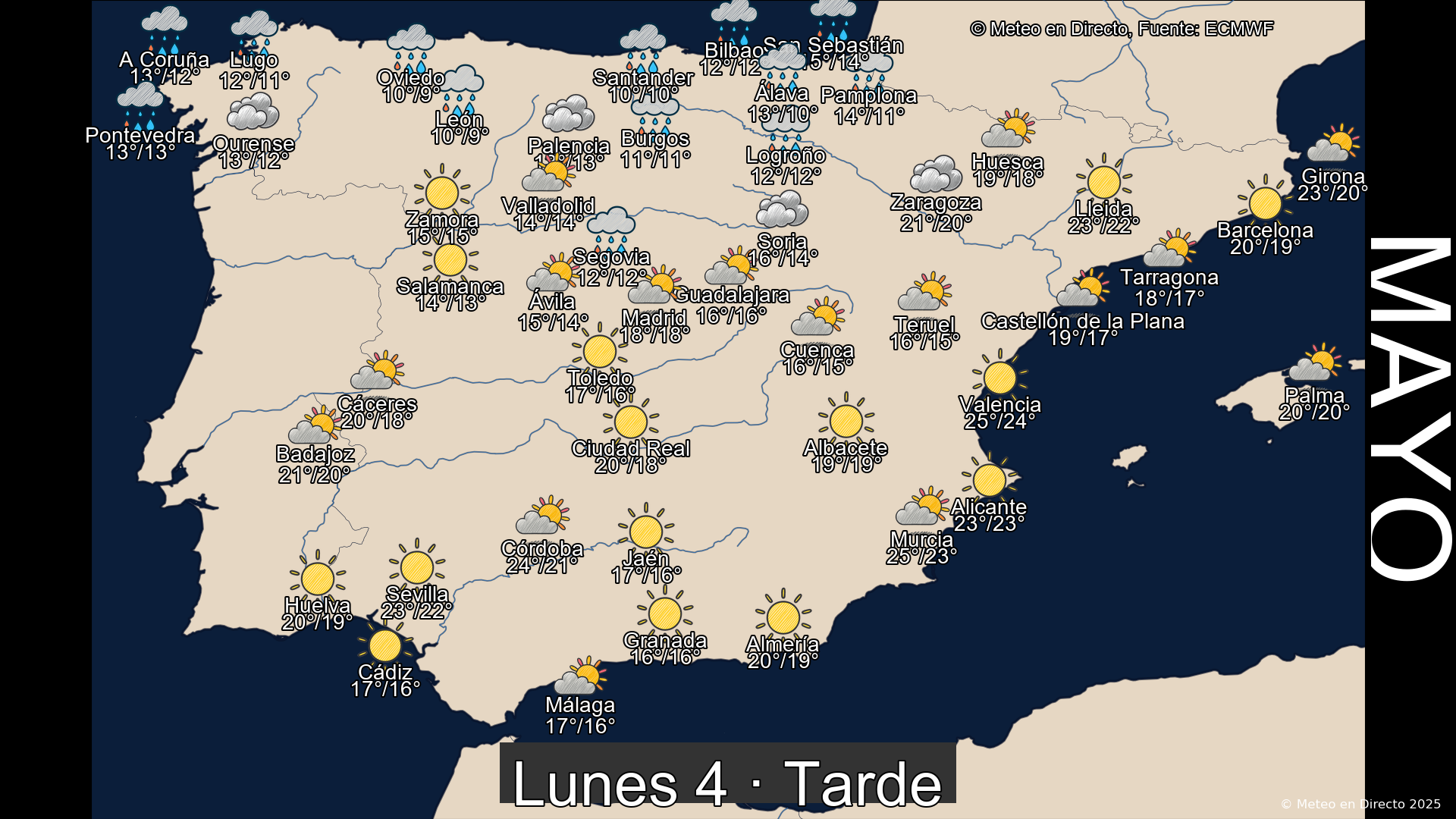 Previsión del tiempo España 4 de mayo de 2026 mapa tarde