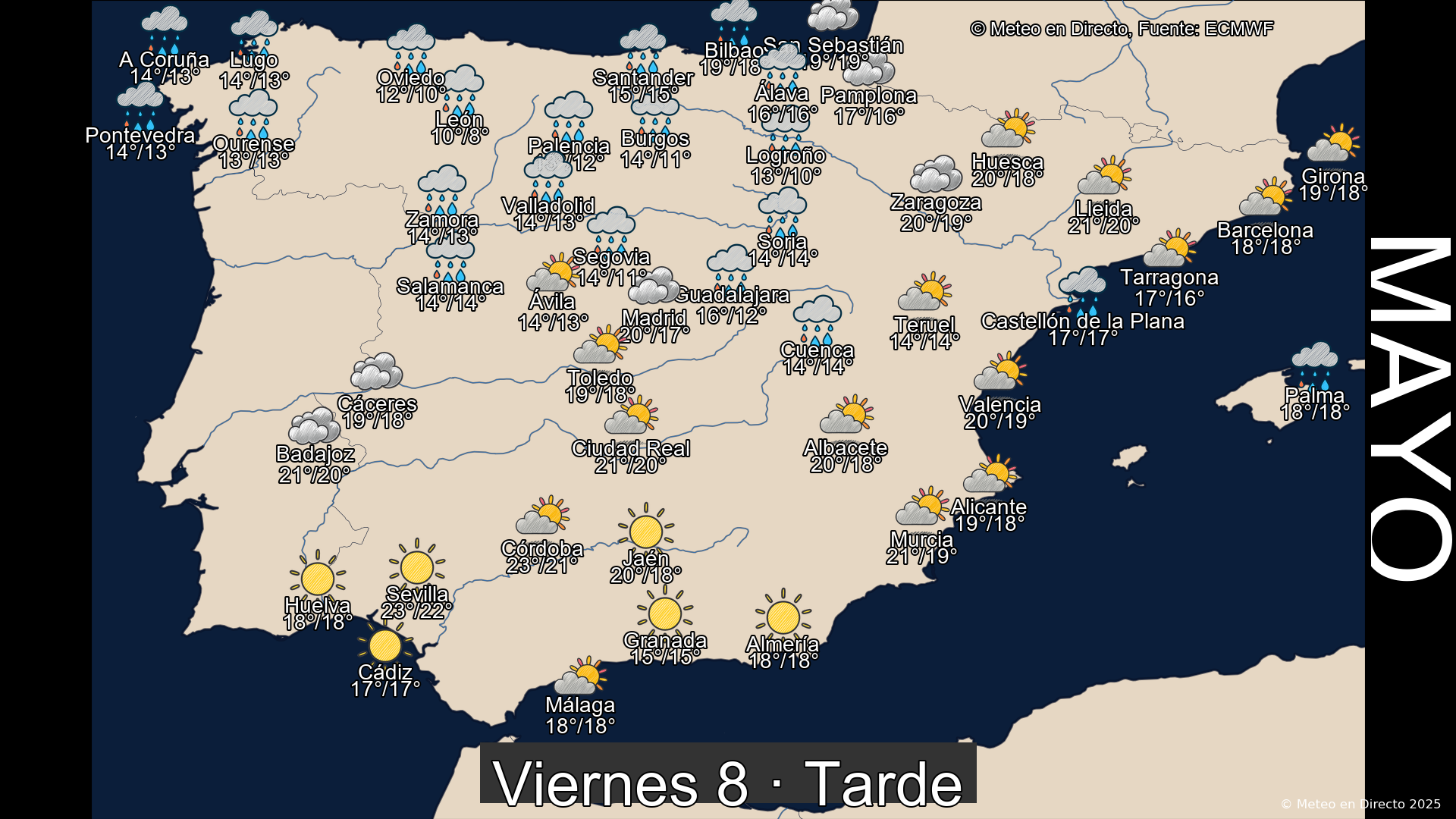 Previsión del tiempo España 8 de mayo de 2026 mapa tarde