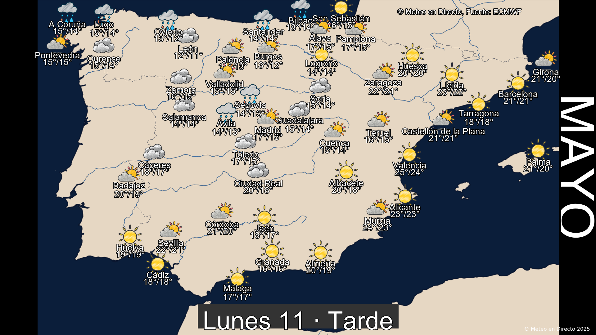 Previsión del tiempo España 11 de mayo de 2026 mapa tarde