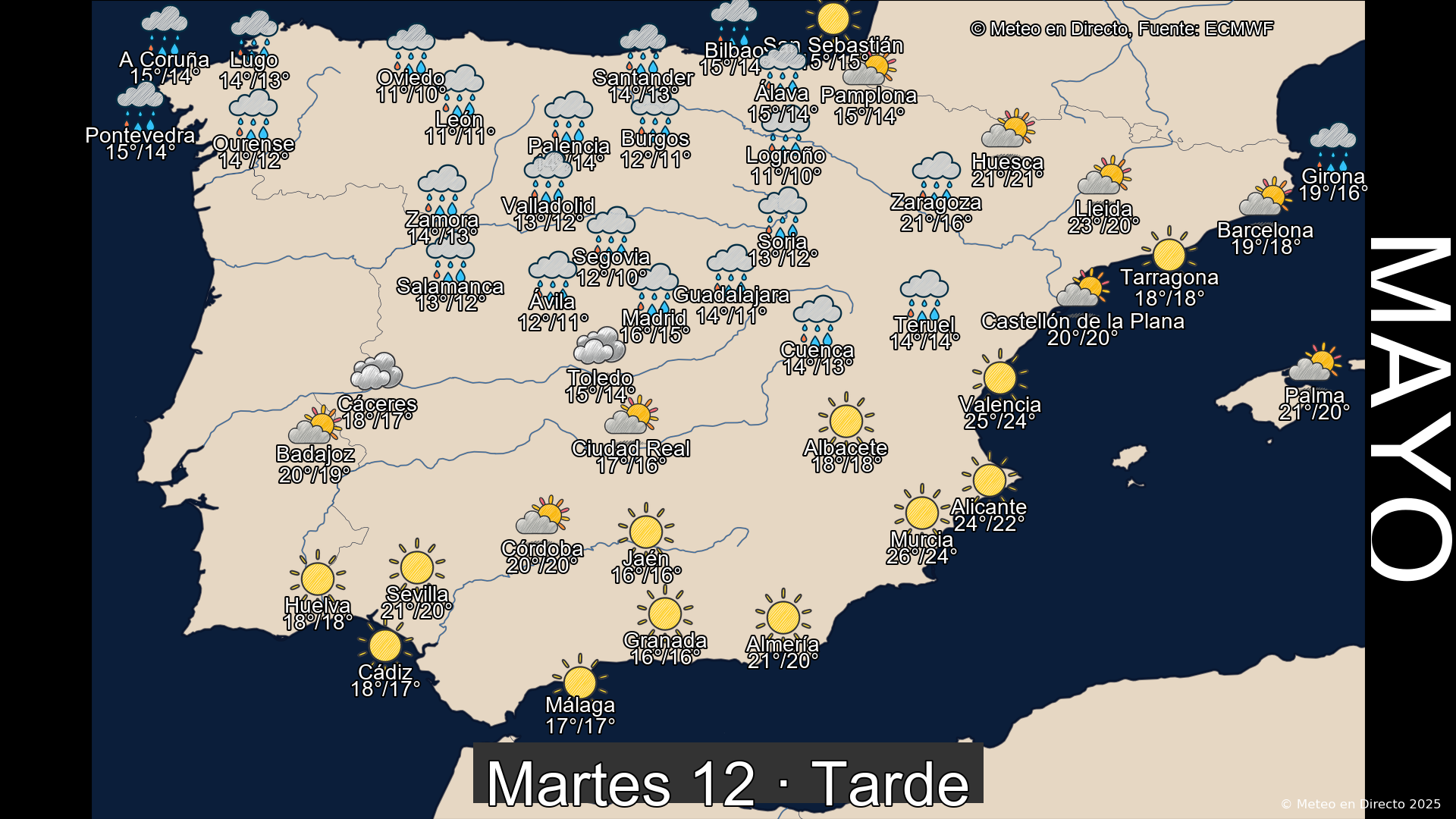 Previsión del tiempo España 12 de mayo de 2026 mapa tarde