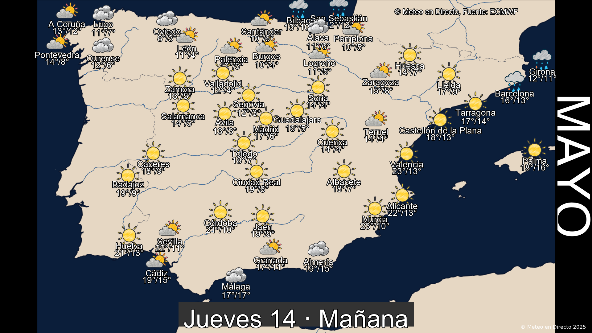 Previsión del tiempo España 14 de mayo de 2026 mapa mañana