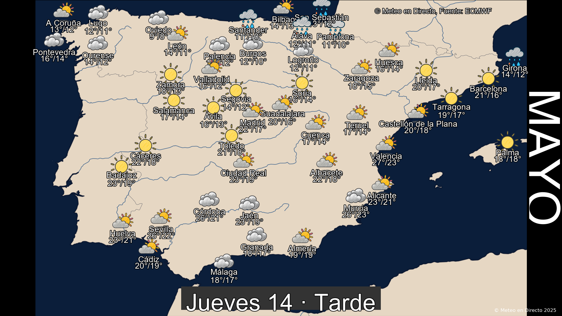 Previsión del tiempo España 14 de mayo de 2026 mapa tarde