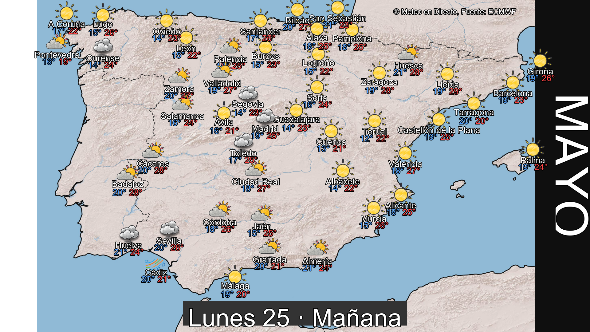 Previsión del tiempo España 25 de mayo de 2026 mapa mañana