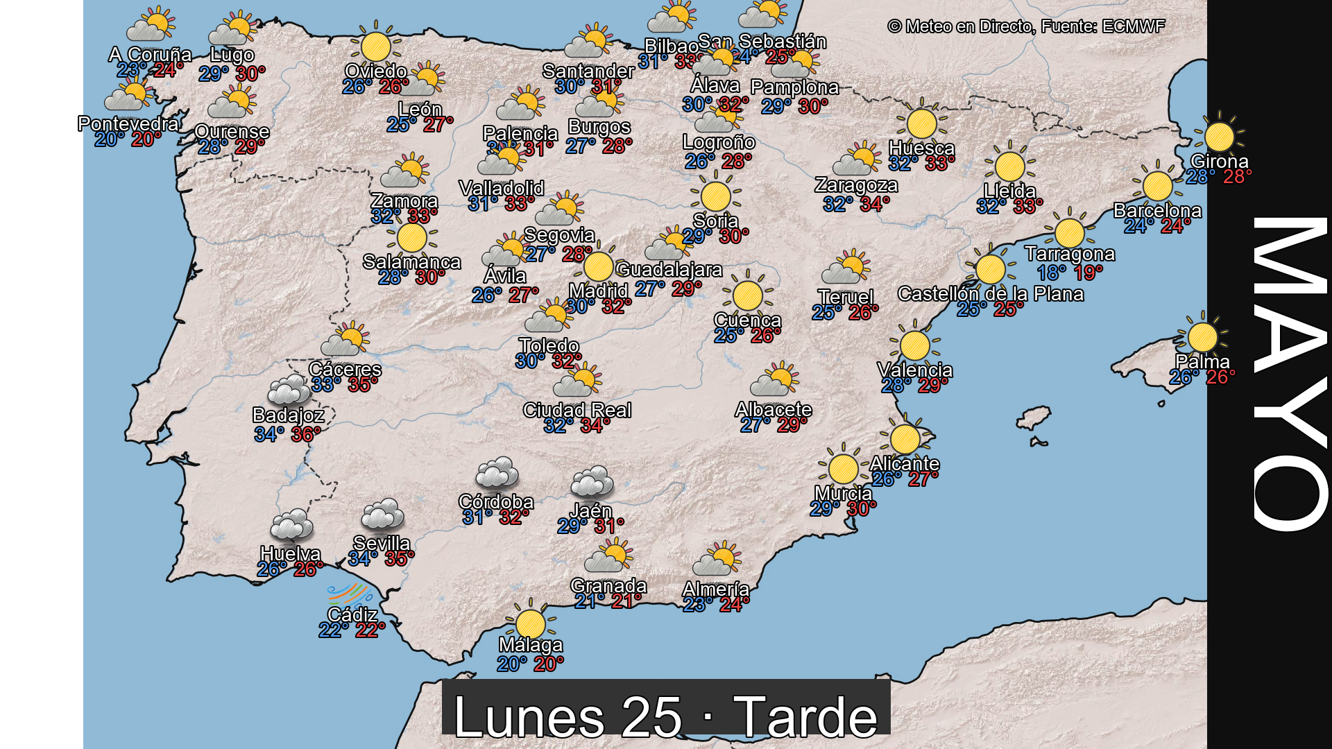 Previsión del tiempo España 25 de mayo de 2026 mapa tarde