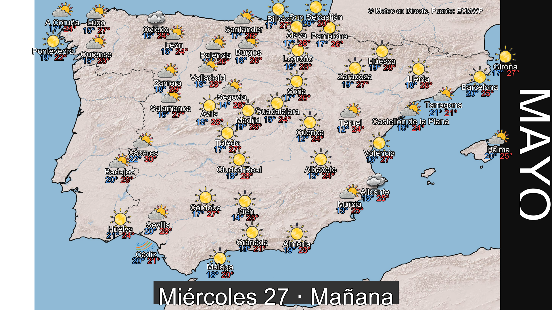 Previsión del tiempo España 27 de mayo de 2026 mapa mañana
