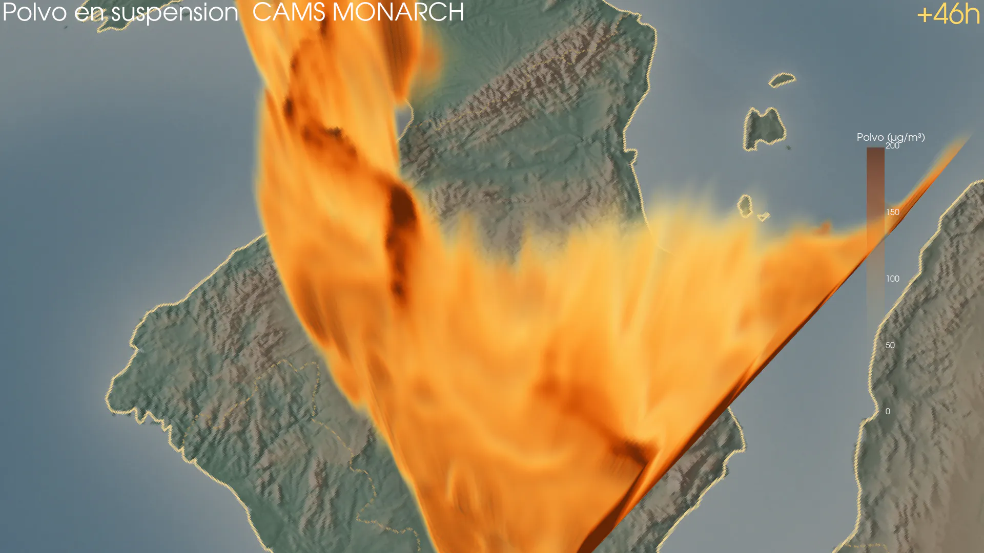 Frame del prototipo 3D de polvo del Sahara: vista cenital desde el norte del Sahara, datos CAMS MONARCH +46h