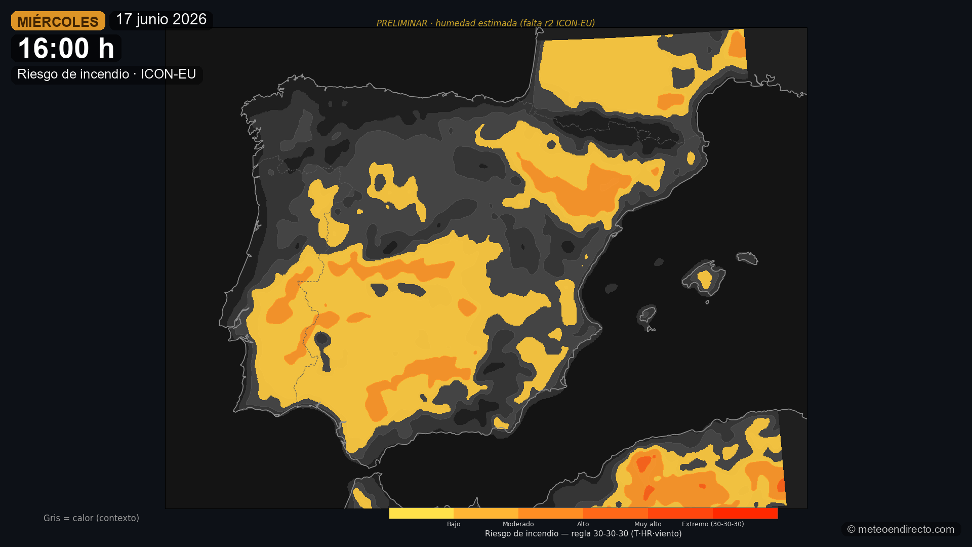Mapa de riesgo de incendio sobre España: contexto en gris, rojo donde se cumple la 30-30-30