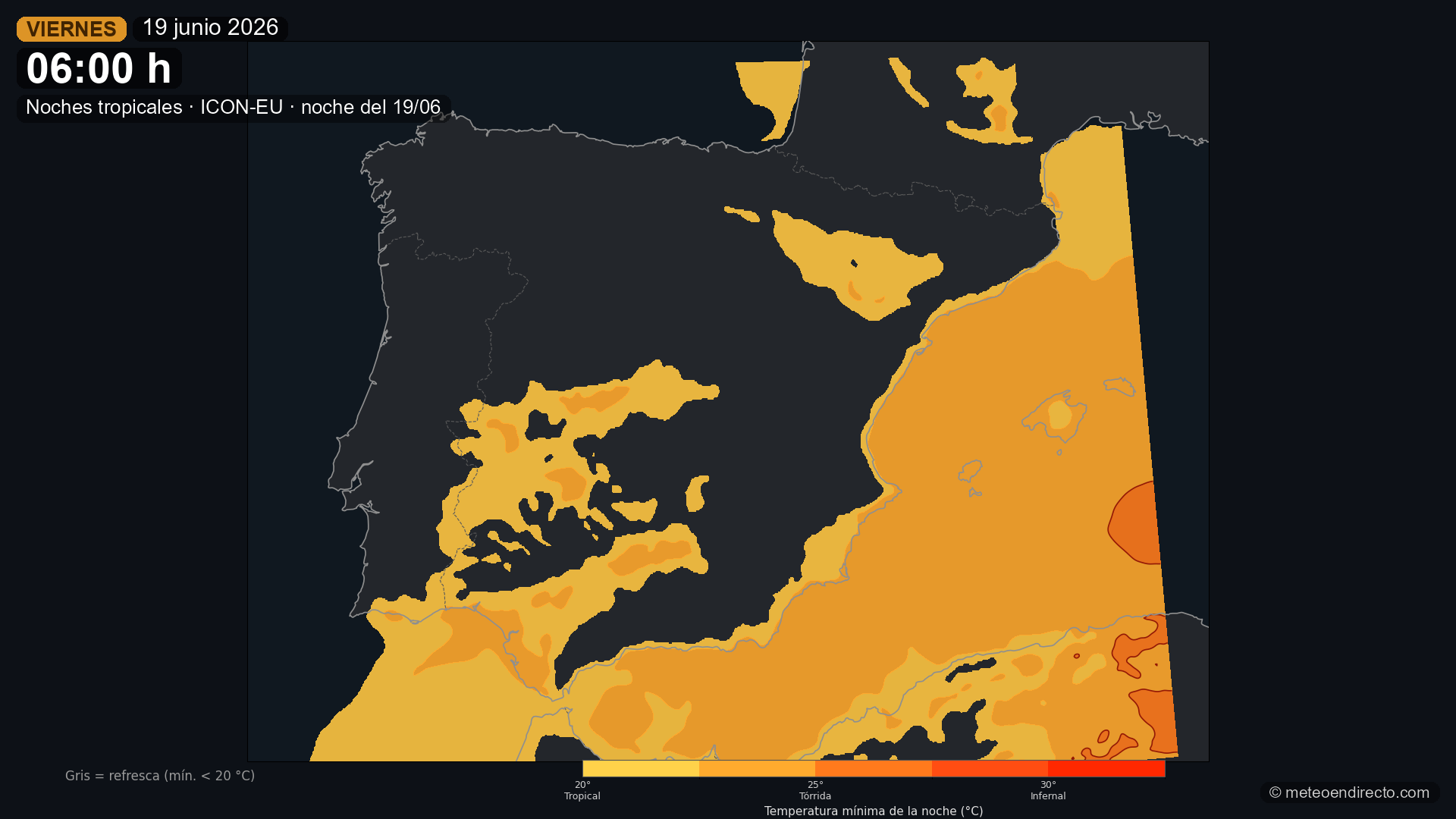 Mapa de noches tropicales sobre España: gris donde refresca, ámbar a rojo donde la mínima nocturna no baja