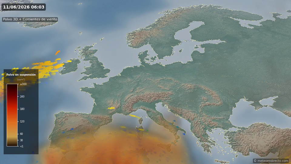 Render 3D del polvo sahariano con partículas de viento coloreadas por velocidad sobre el globo