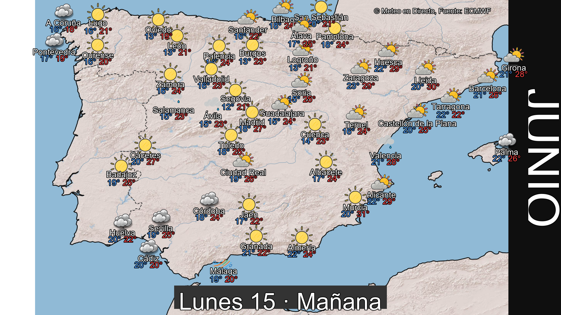 Previsión del tiempo España 15 de junio de 2026 mapa mañana