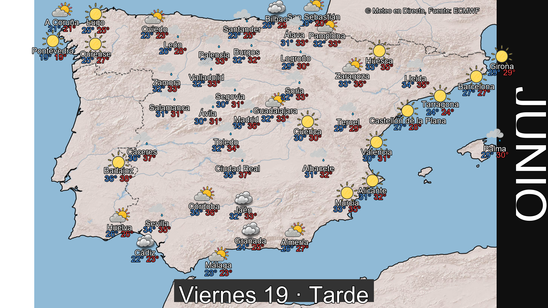 Previsión del tiempo España 19 de junio de 2026 mapa tarde
