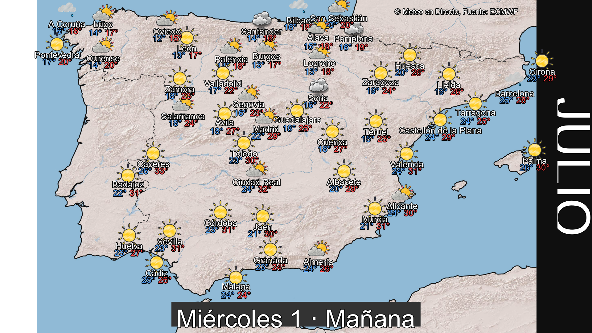 Previsión del tiempo España 1 de julio de 2026 mapa mañana