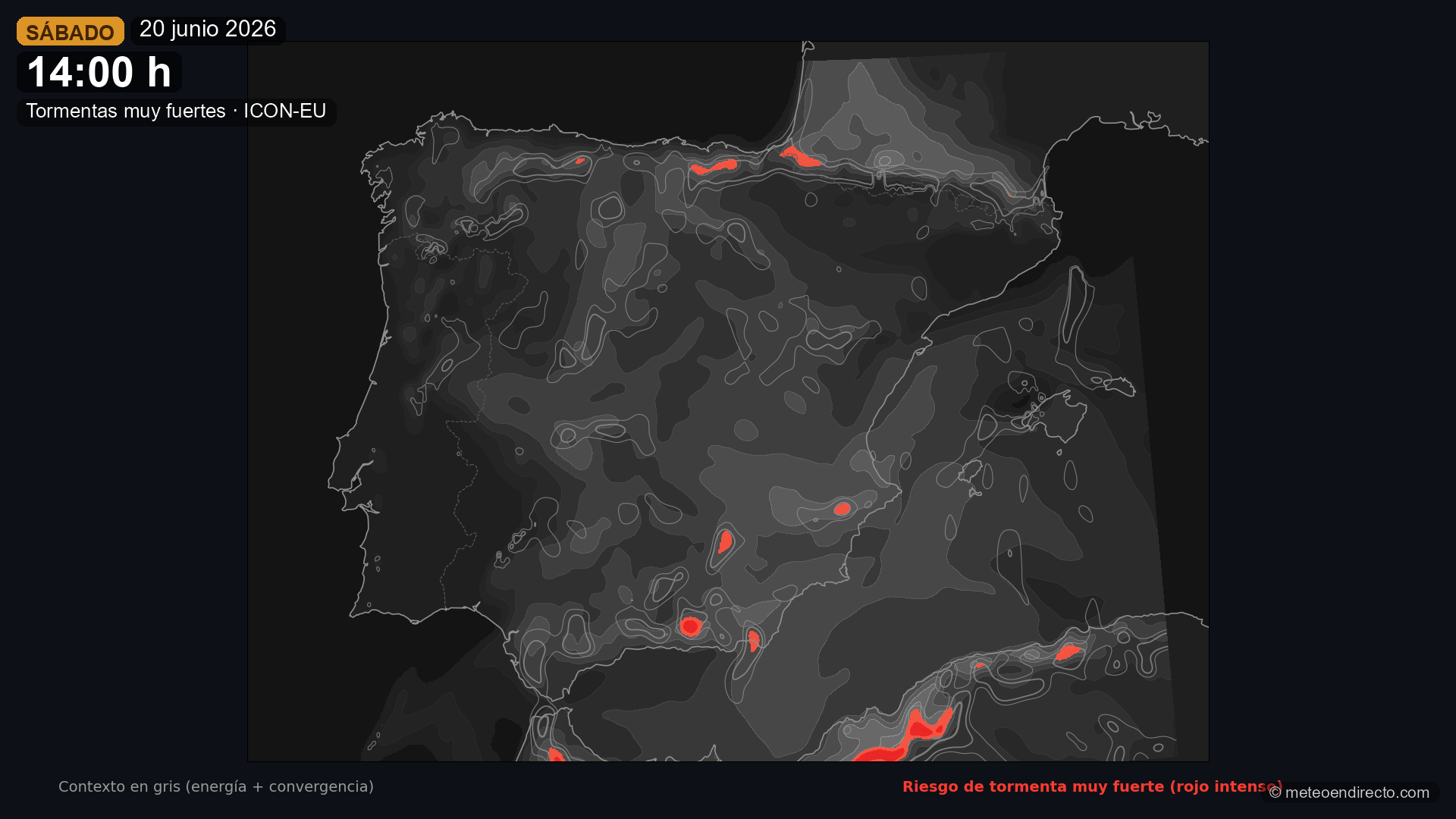 Mapa de riesgo de tormentas muy fuertes sobre España: energía y convergencia en gris, rojo intenso donde coinciden los tres ingredientes