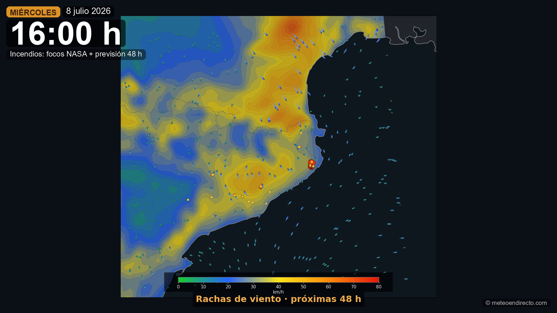 Zoom a la zona más activa con la previsión de rachas de viento animada
