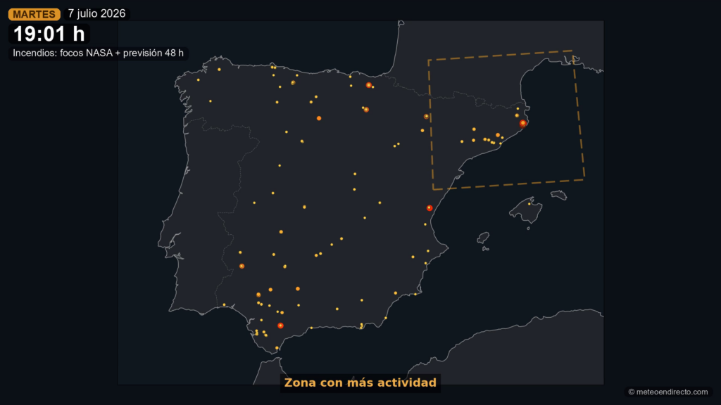 Focos activos NASA FIRMS sobre la peninsula con la zona mas activa marcada