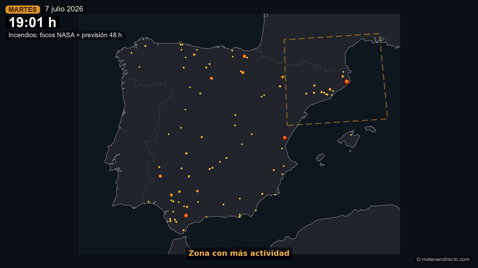 Focos activos NASA FIRMS sobre la peninsula con la zona mas activa marcada