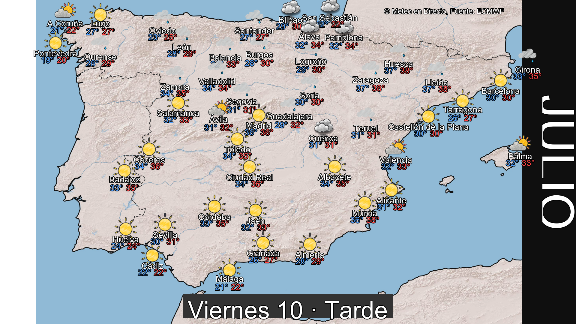 Previsión del tiempo España 10 de julio de 2026 mapa tarde