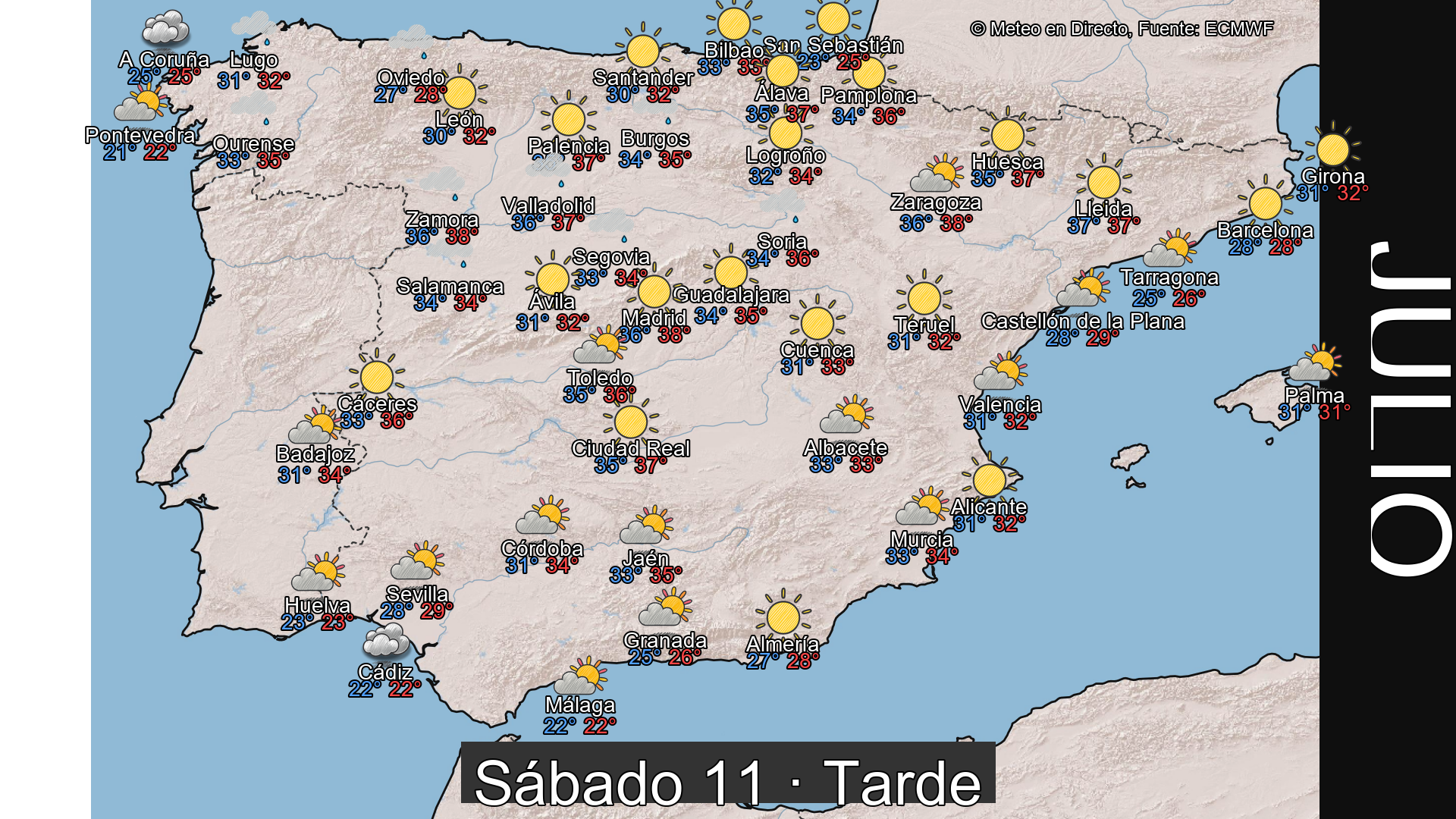 Previsión del tiempo España 11 de julio de 2026 mapa tarde