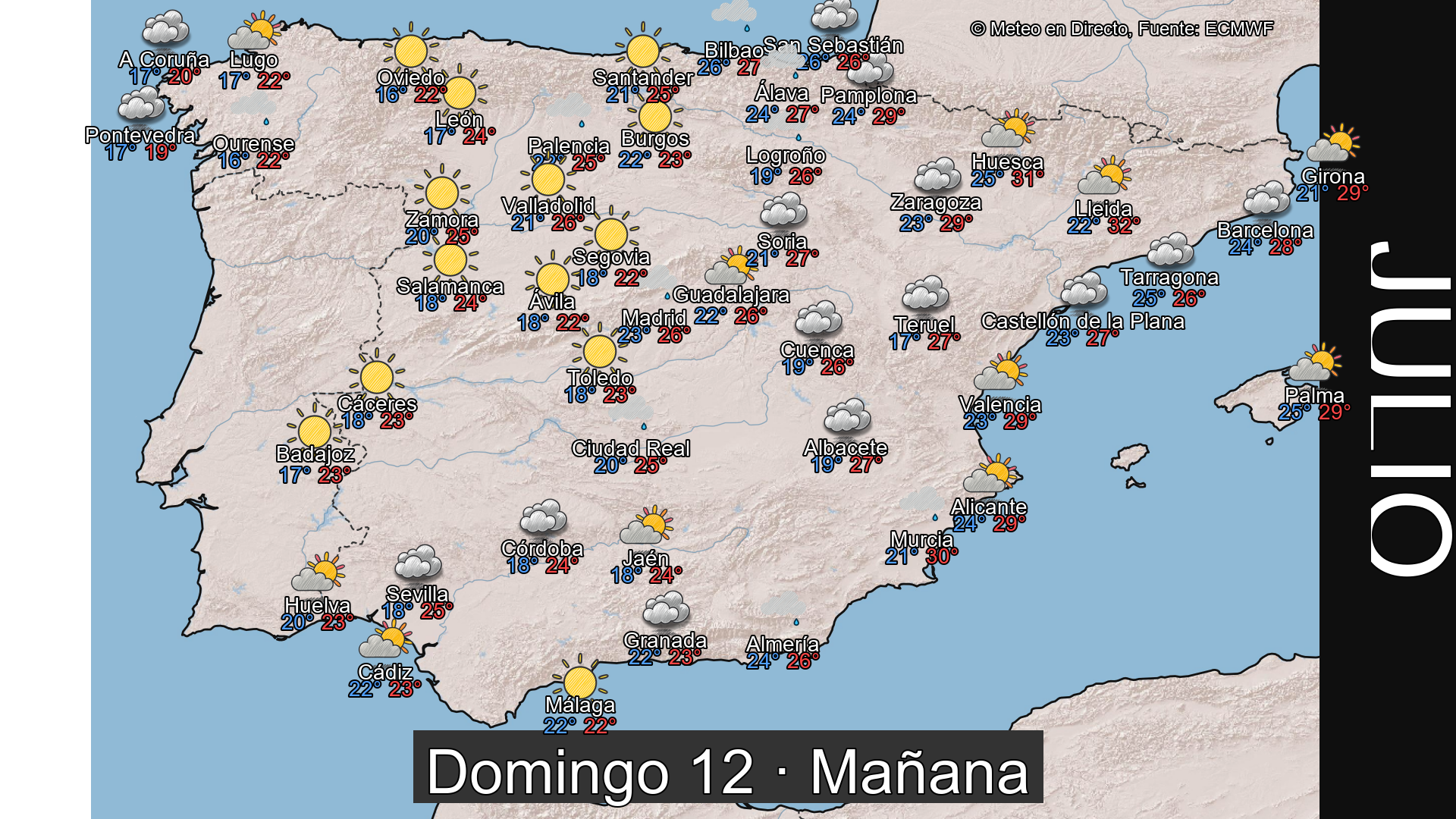 Previsión del tiempo España 12 de julio de 2026 mapa mañana