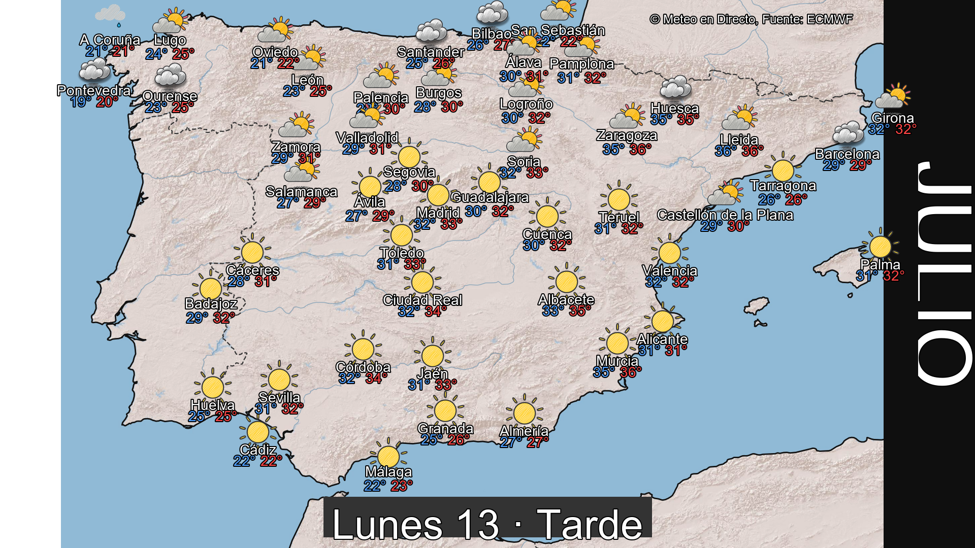 Previsión del tiempo España 13 de julio de 2026 mapa tarde