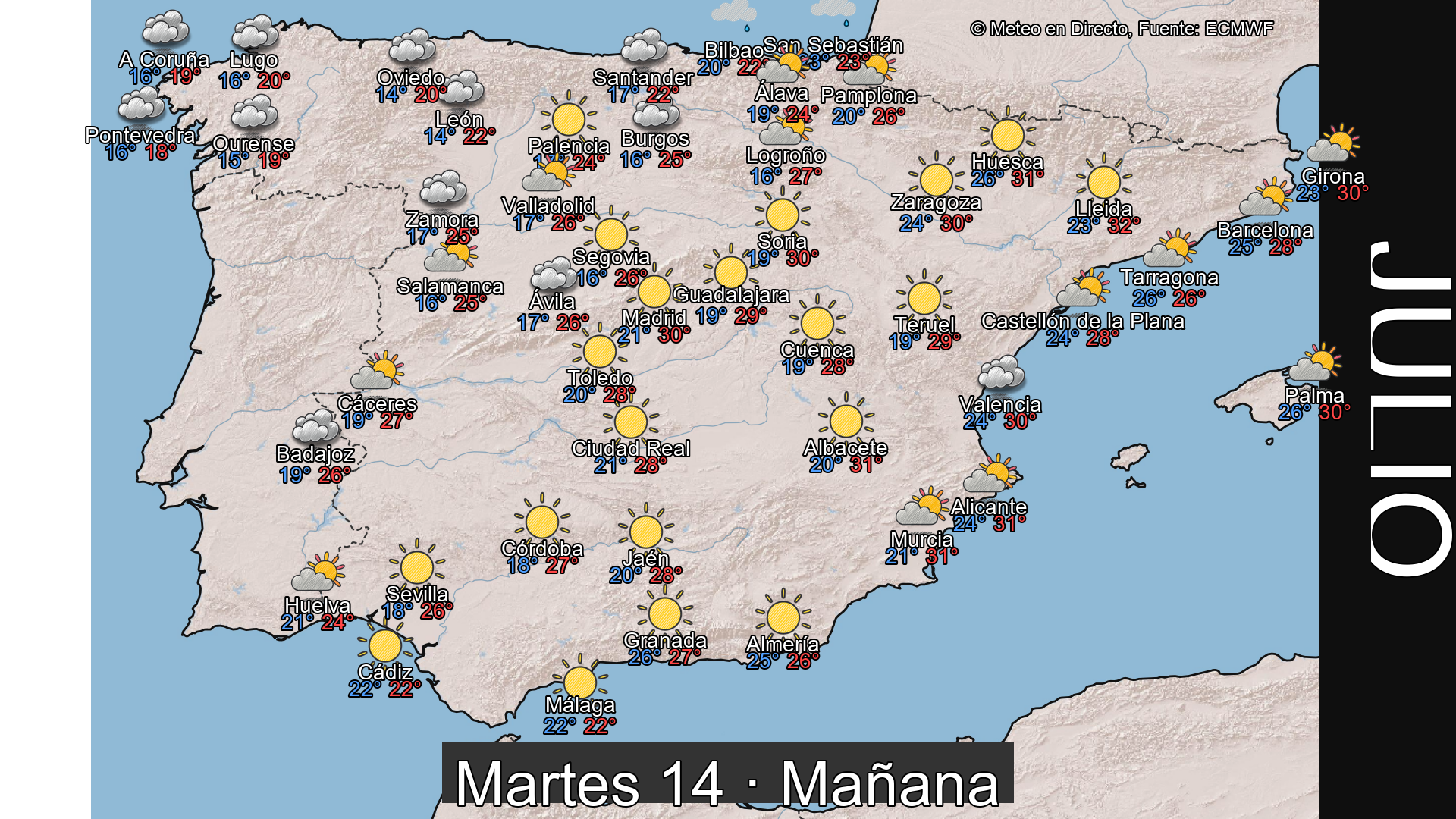 Previsión del tiempo España 14 de julio de 2026 mapa mañana