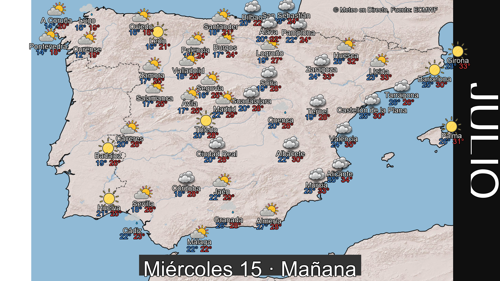 Previsión del tiempo España 15 de julio de 2026 mapa mañana