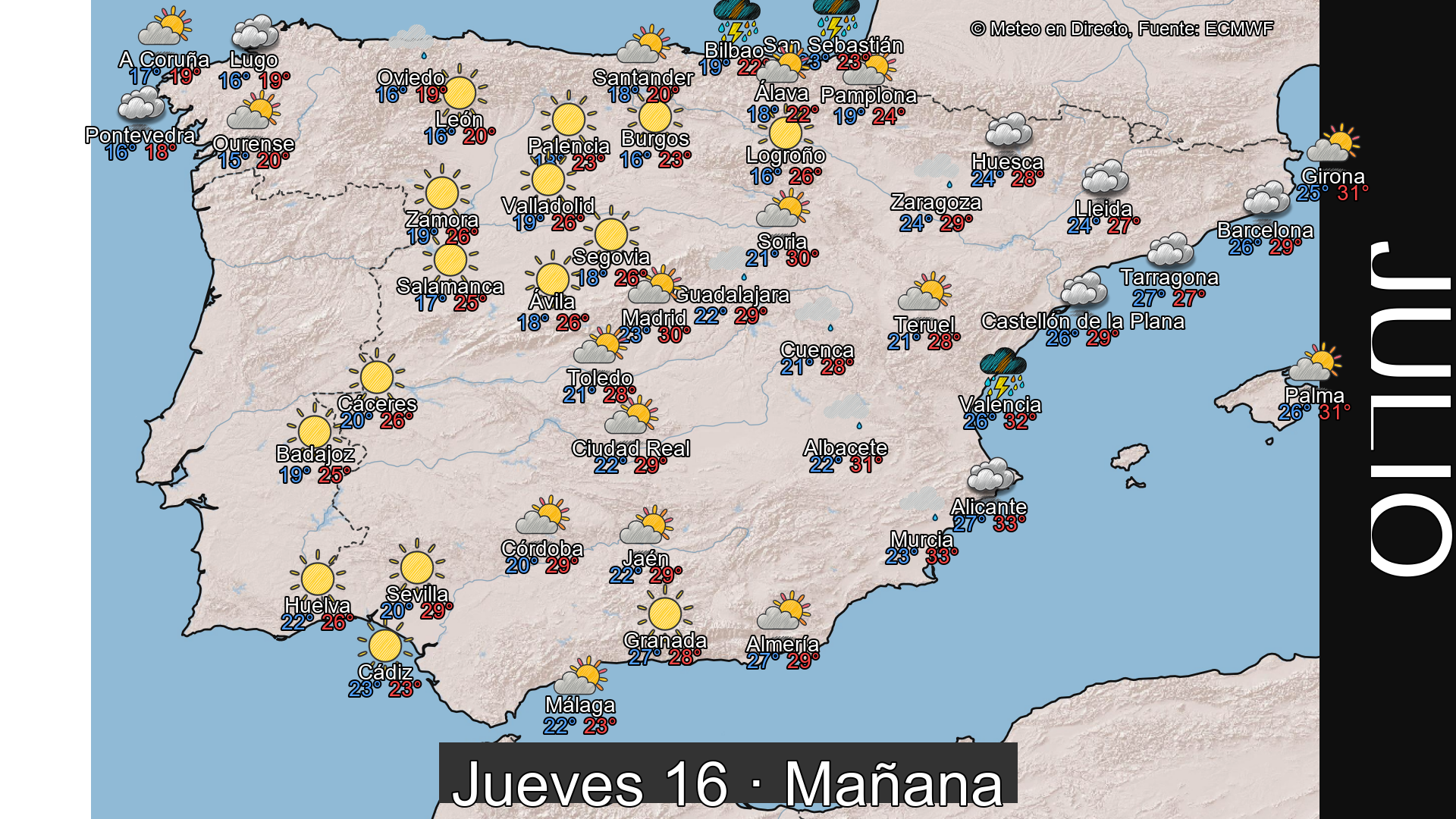 Previsión del tiempo España 16 de julio de 2026 mapa mañana