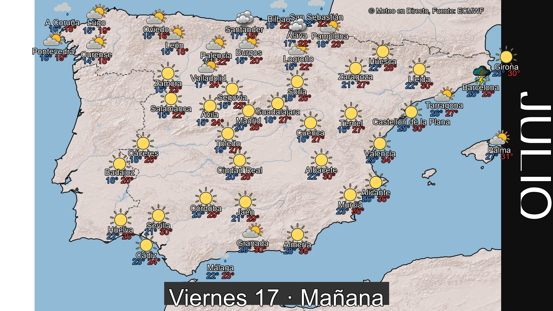 Previsión del tiempo España 17 de julio de 2026 mapa mañana
