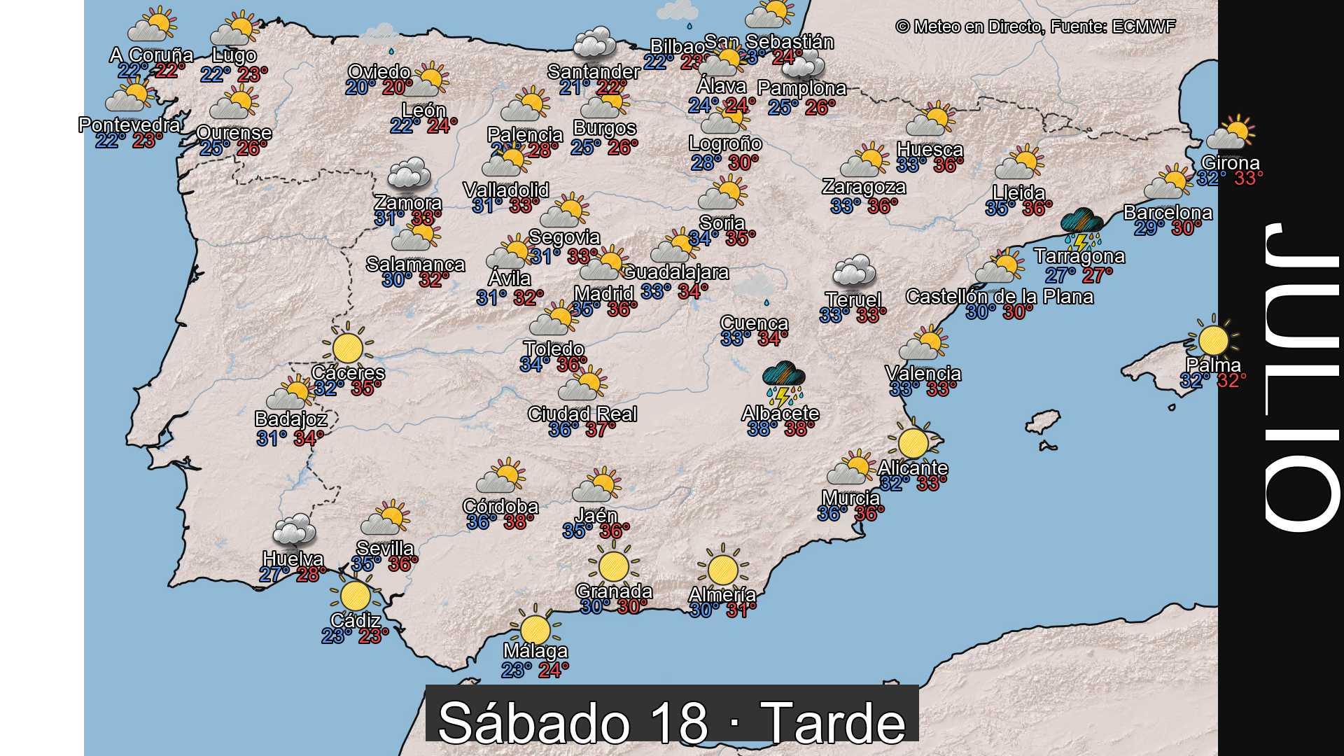 Previsión del tiempo España 18 de julio de 2026 mapa tarde
