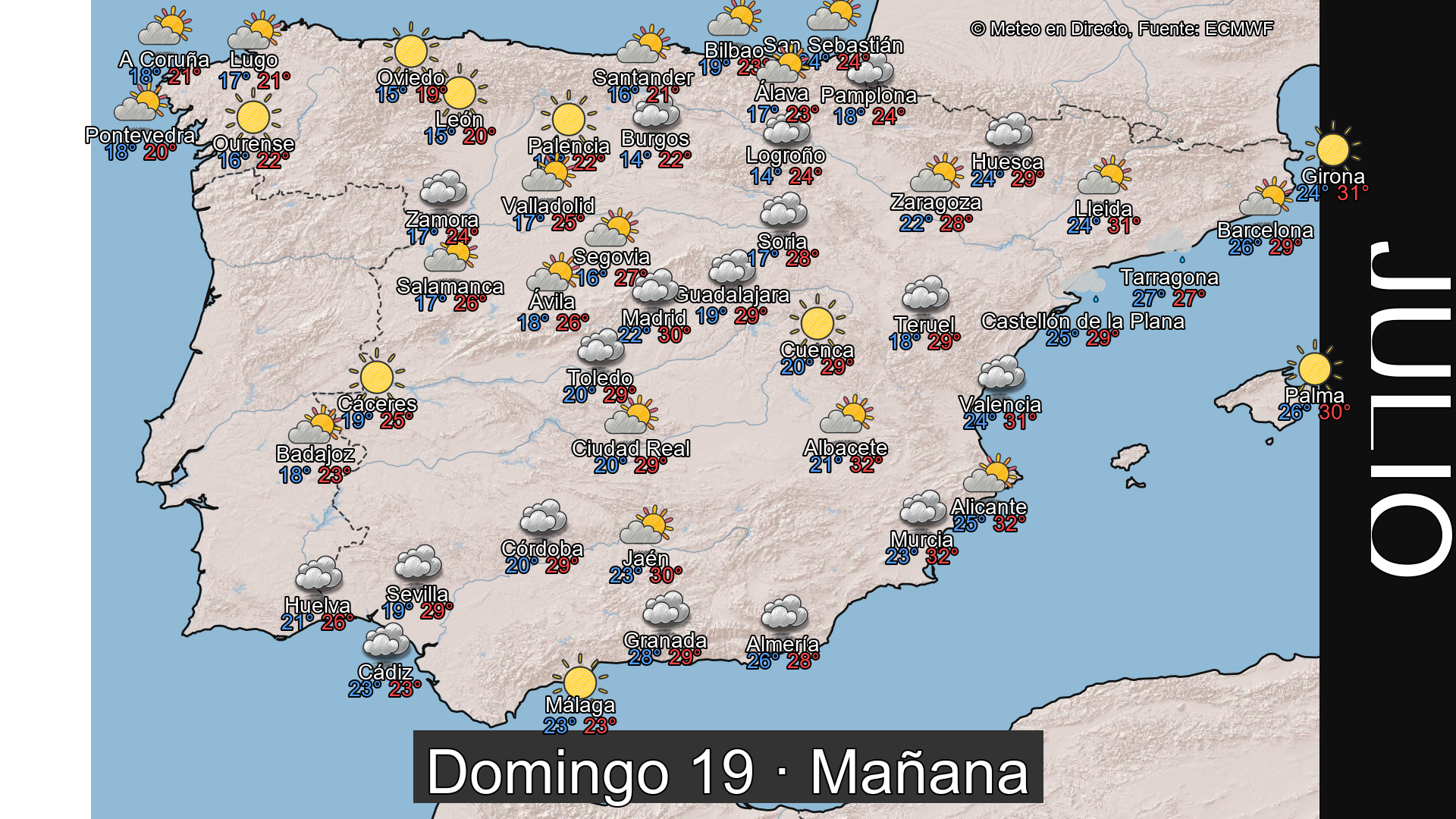 Previsión del tiempo España 19 de julio de 2026 mapa mañana