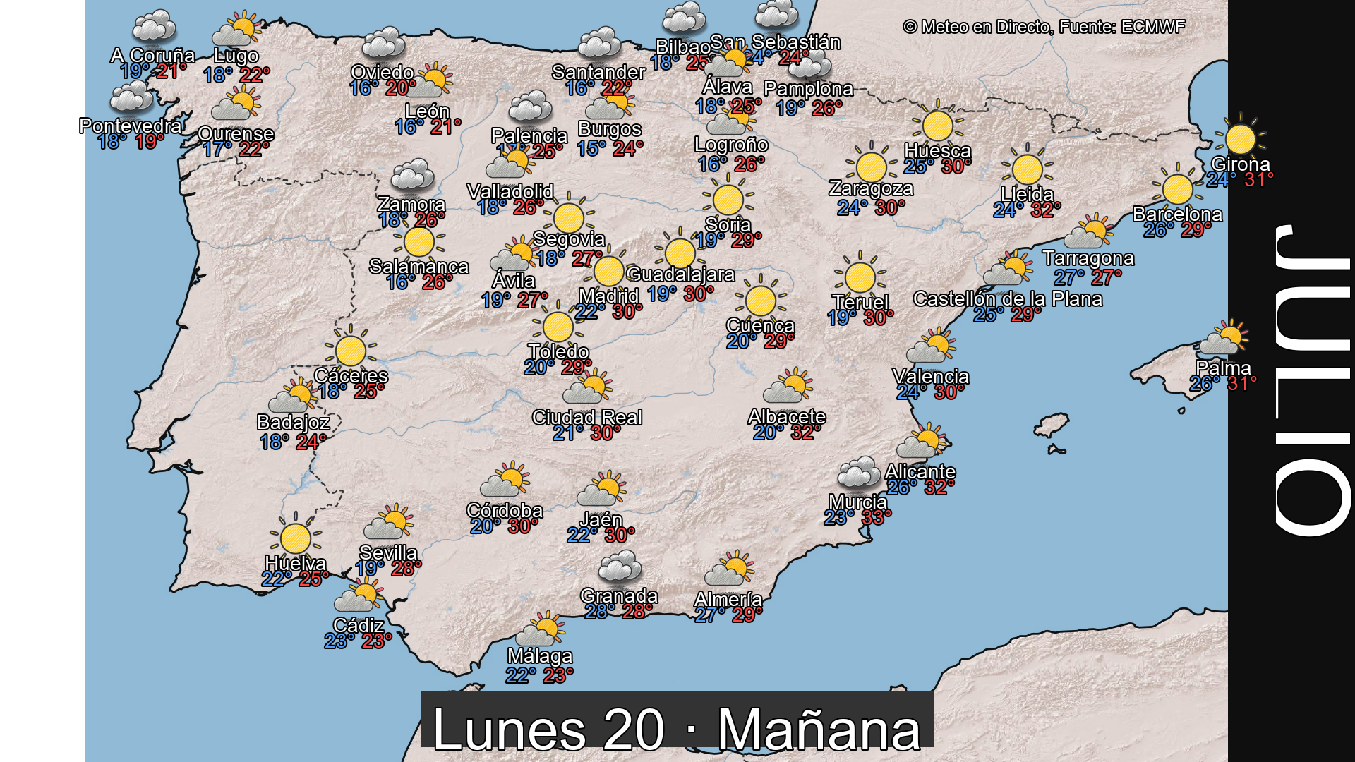 Previsión del tiempo España 20 de julio de 2026 mapa mañana