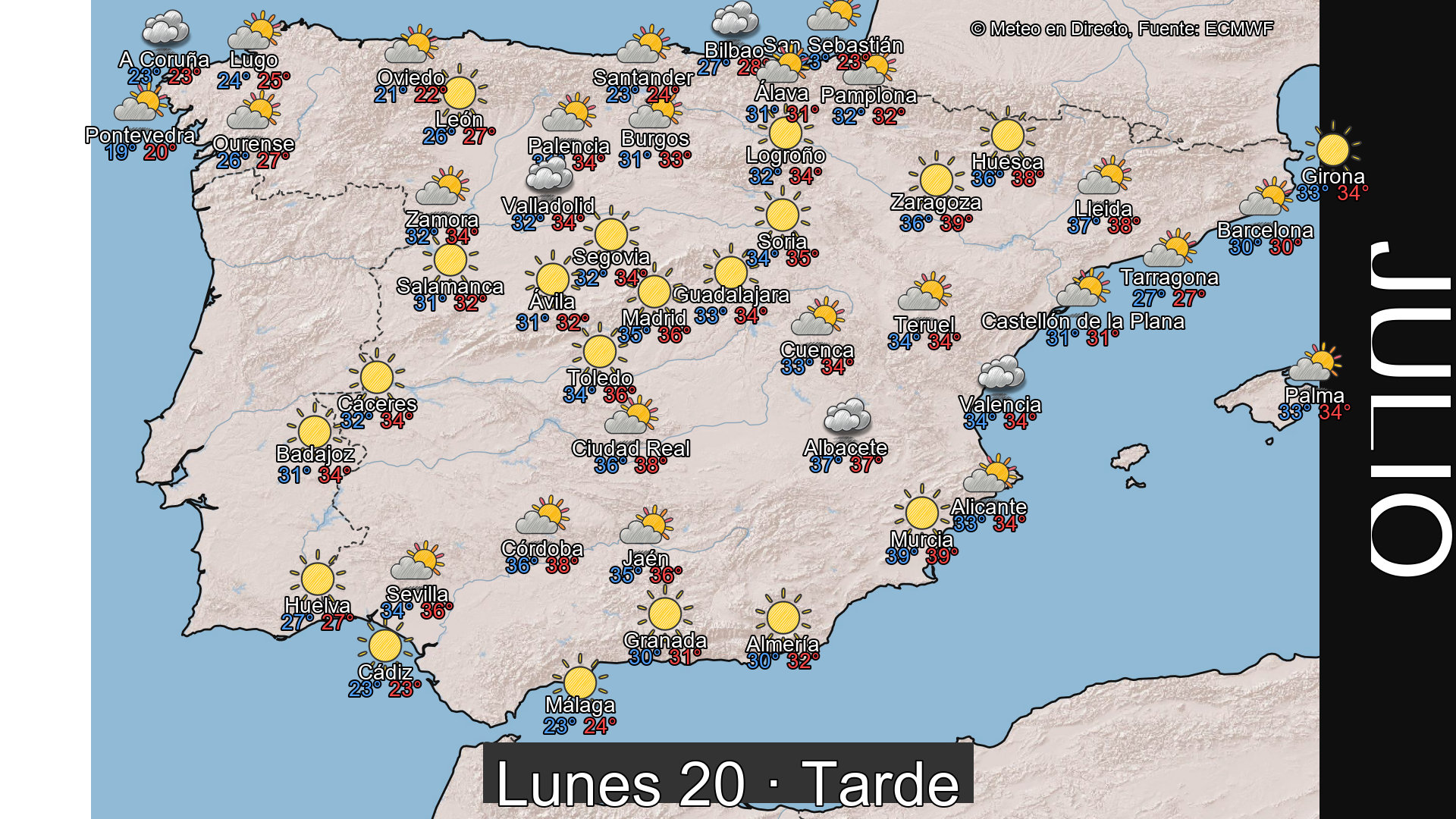 Previsión del tiempo España 20 de julio de 2026 mapa tarde