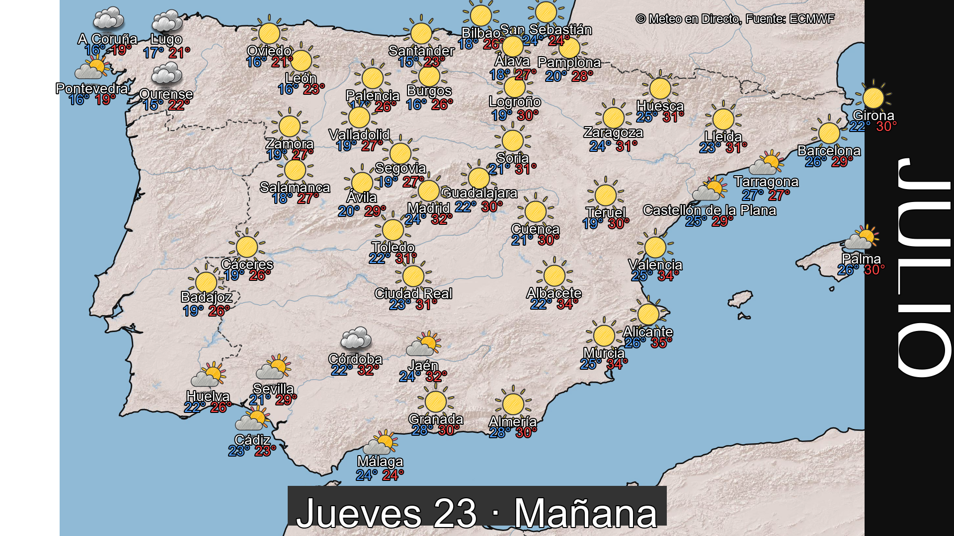 Previsión del tiempo España 23 de julio de 2026 mapa mañana