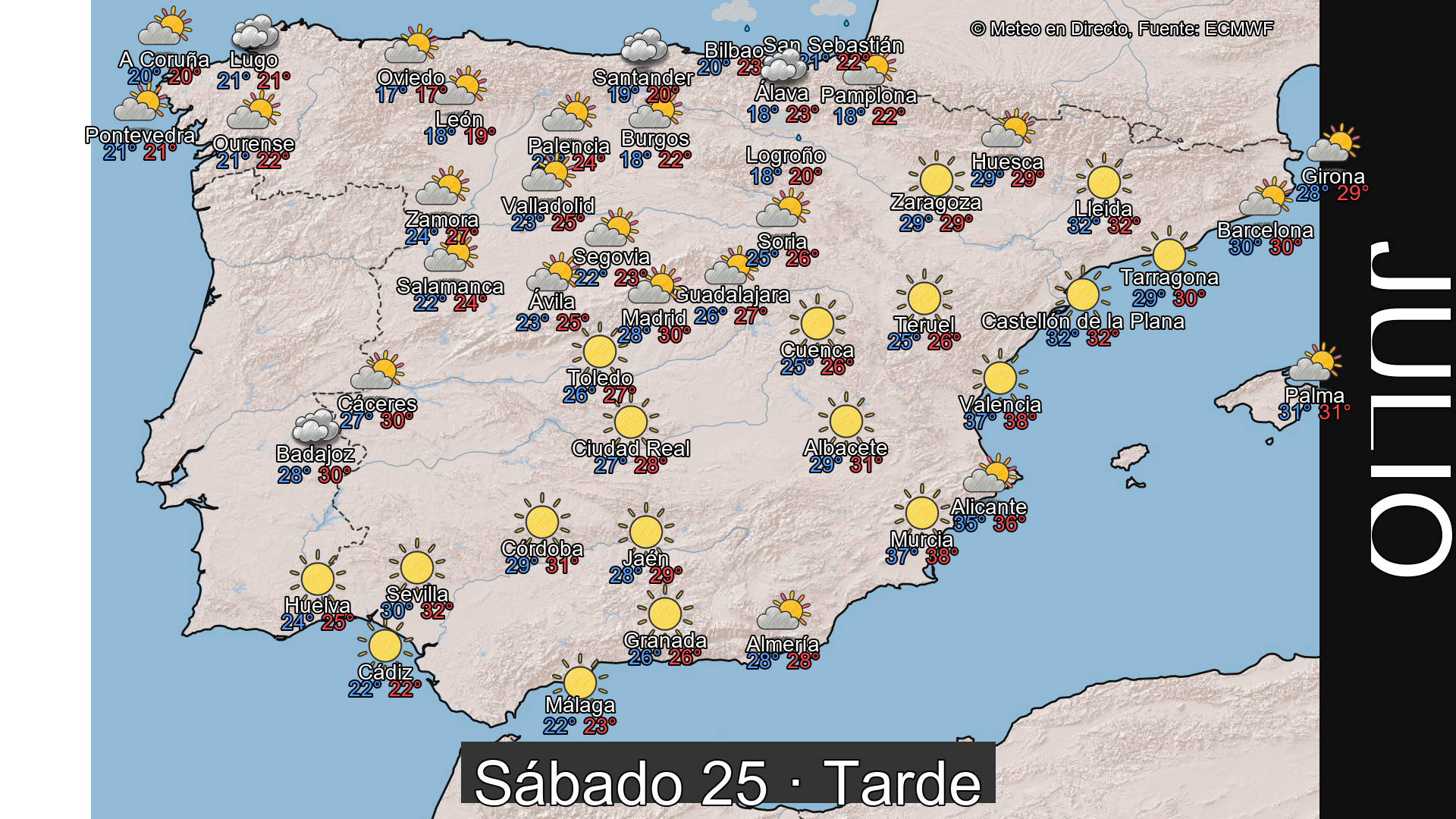 Previsión del tiempo España 25 de julio de 2026 mapa tarde