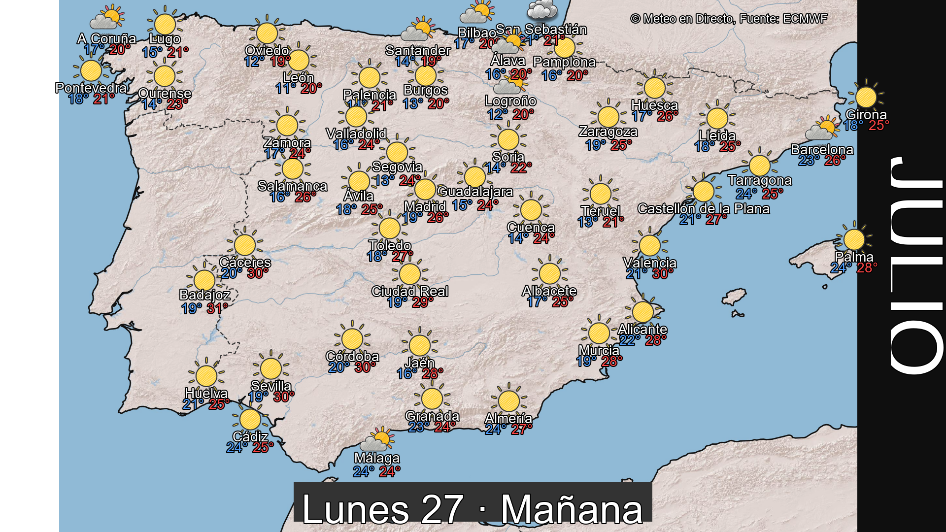 Previsión del tiempo España 27 de julio de 2026 mapa mañana