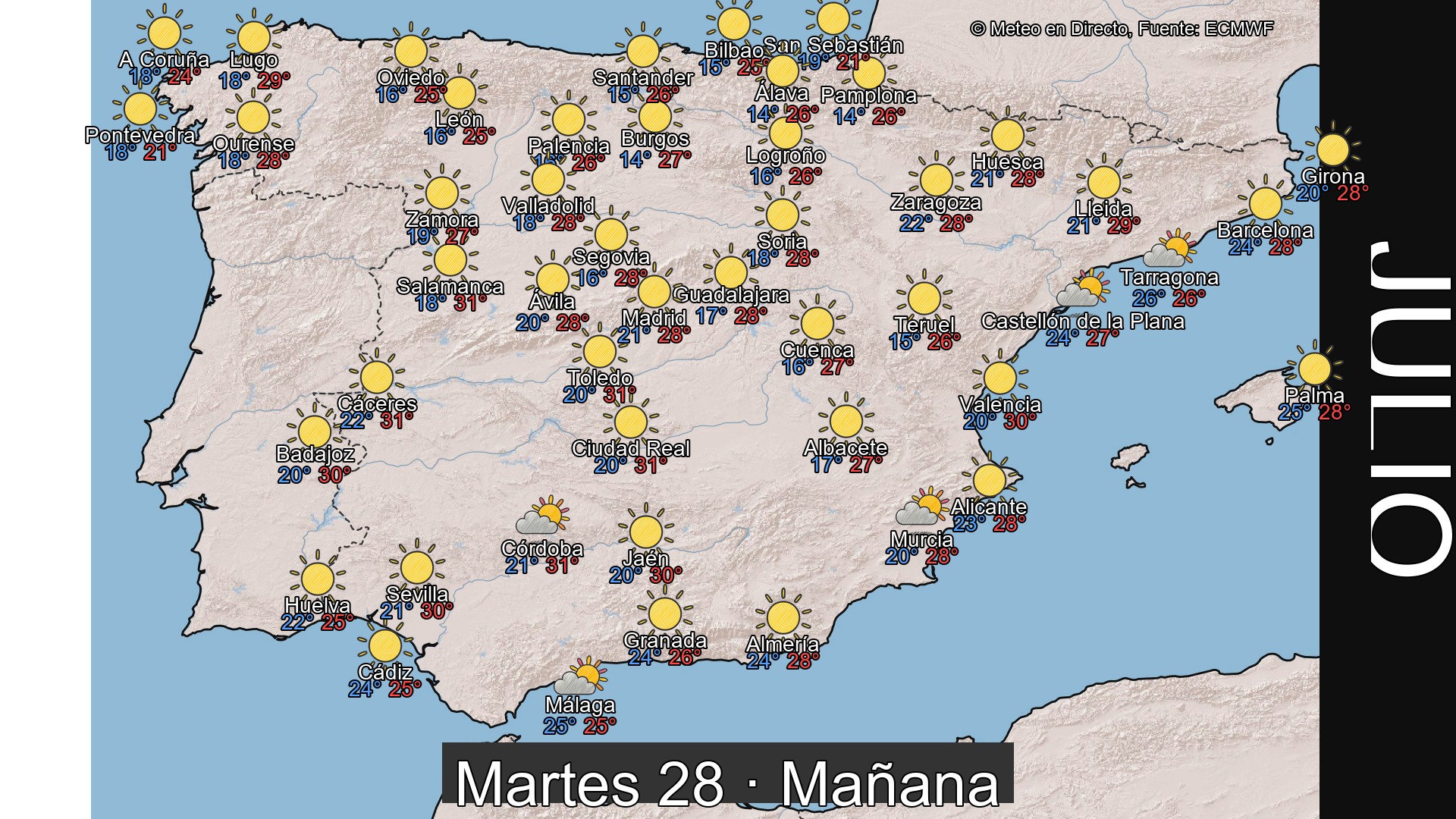 Previsión del tiempo España 28 de julio de 2026 mapa mañana