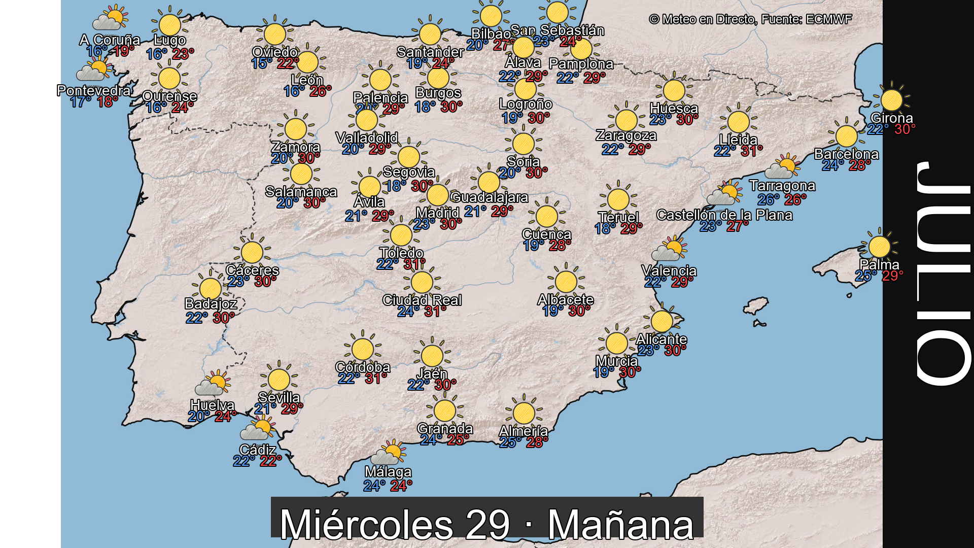 Previsión del tiempo España 29 de julio de 2026 mapa mañana