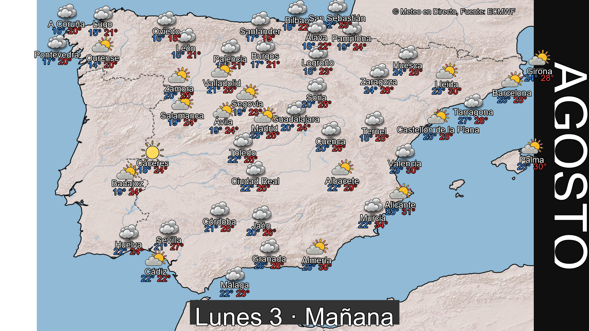 Previsión del tiempo España 3 de agosto de 2026 mapa mañana