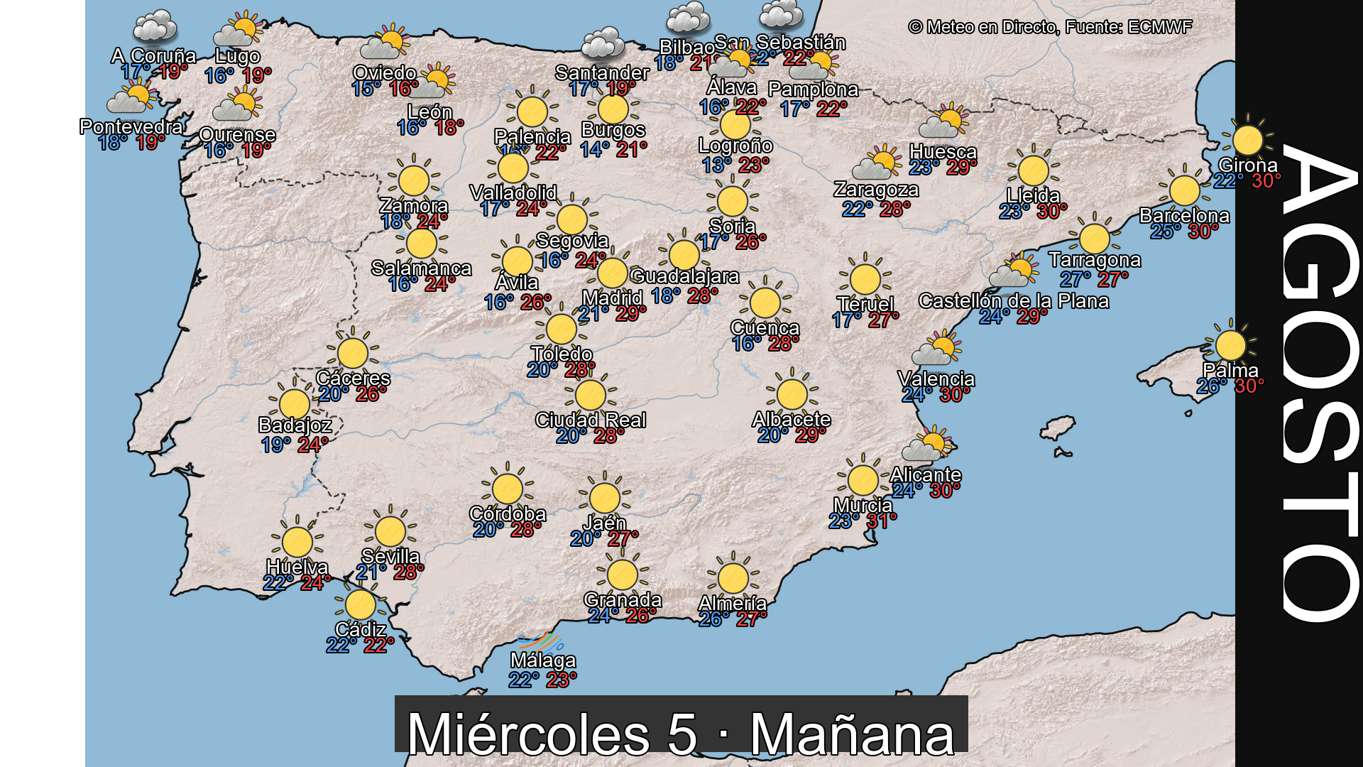 Previsión del tiempo España 5 de agosto de 2026 mapa mañana