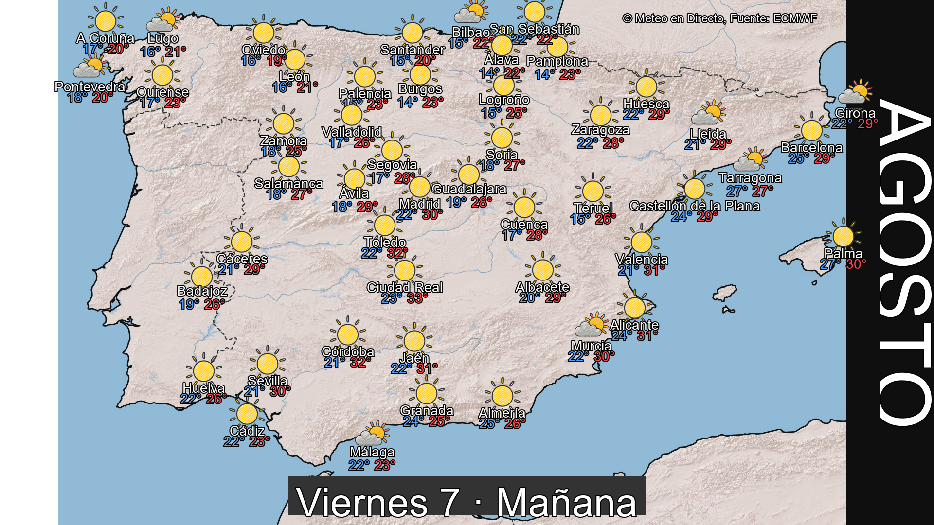 Previsión del tiempo España 7 de agosto de 2026 mapa mañana