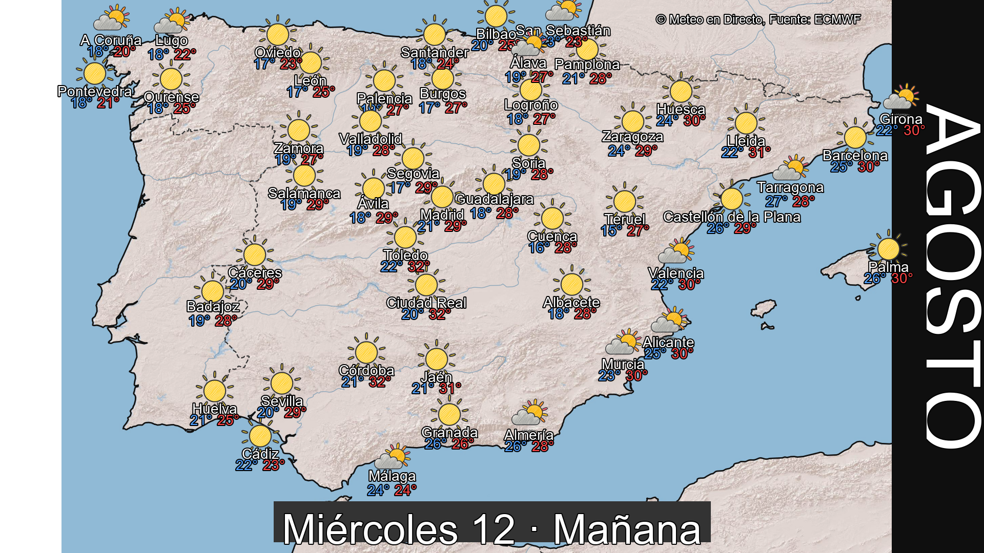 Previsión del tiempo España 12 de agosto de 2026 mapa mañana