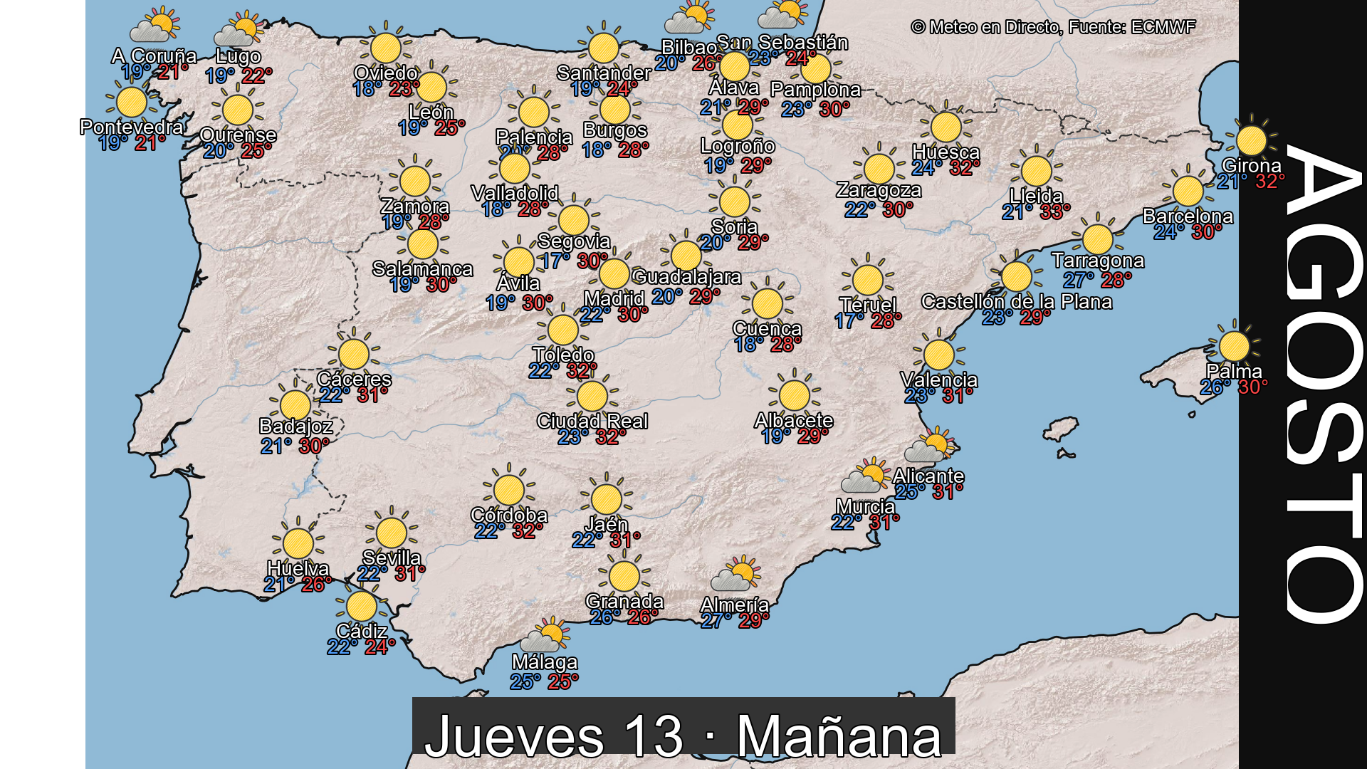 Previsión del tiempo España 13 de agosto de 2026 mapa mañana