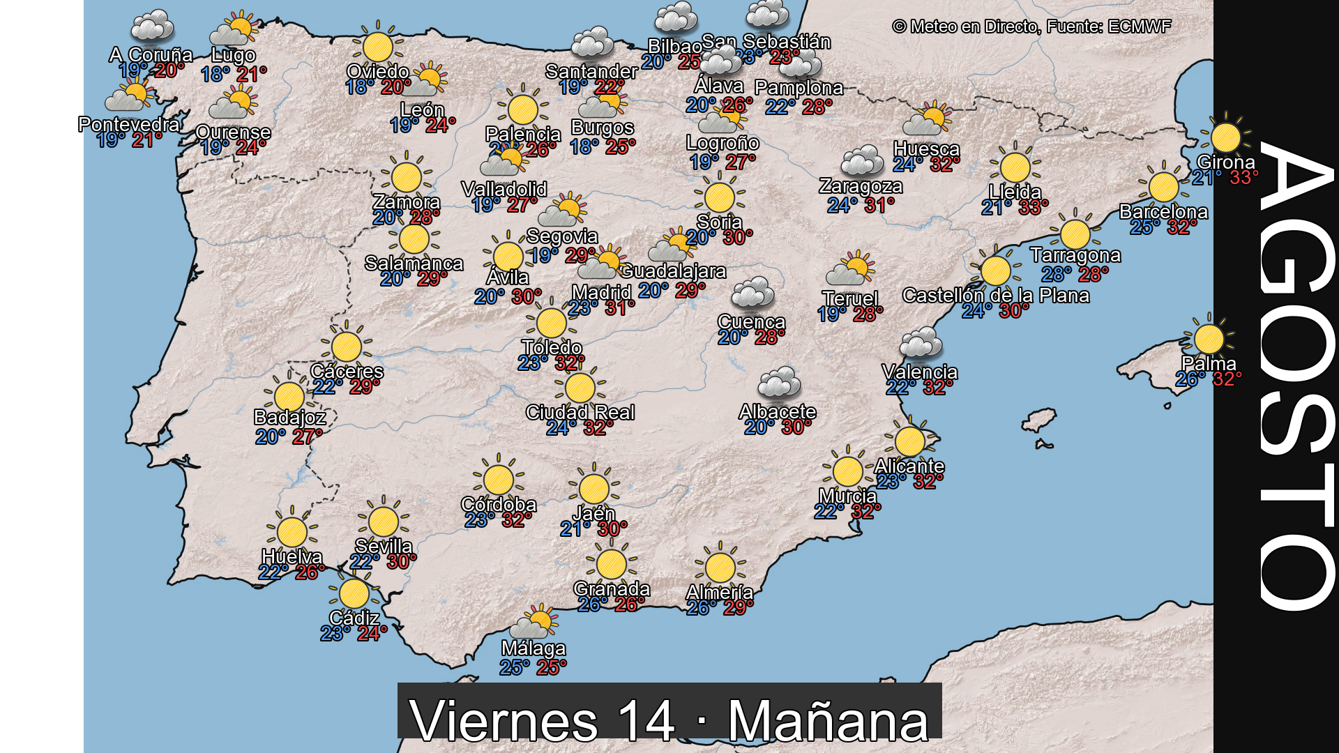 Previsión del tiempo España 14 de agosto de 2026 mapa mañana