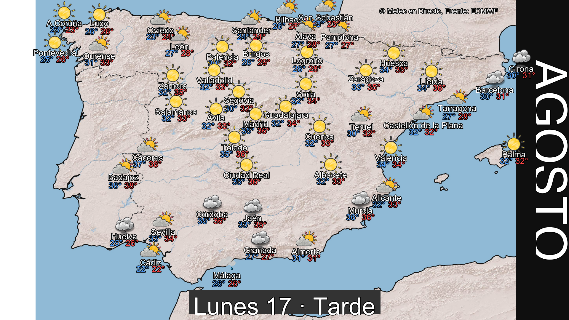 Previsión del tiempo España 17 de agosto de 2026 mapa tarde
