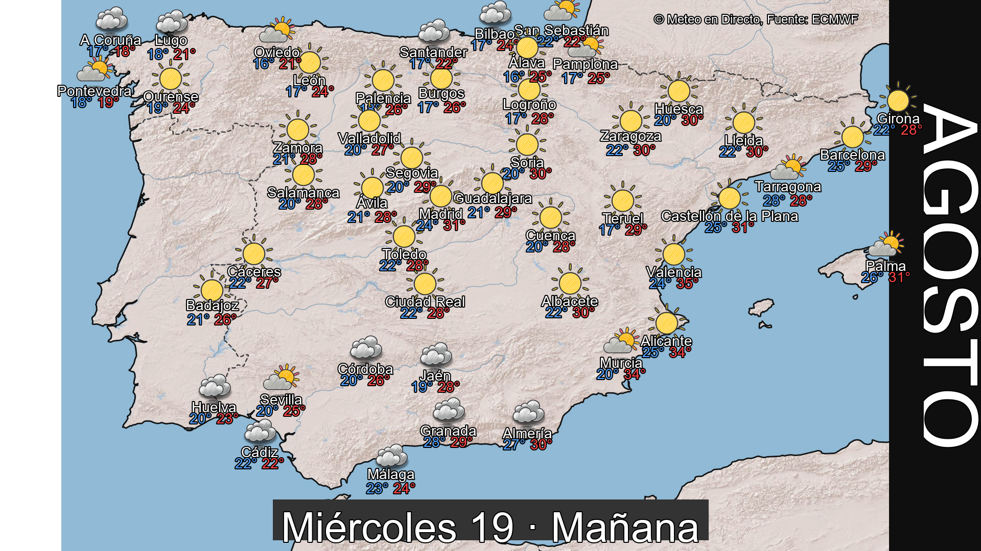 Previsión del tiempo España 19 de agosto de 2026 mapa mañana