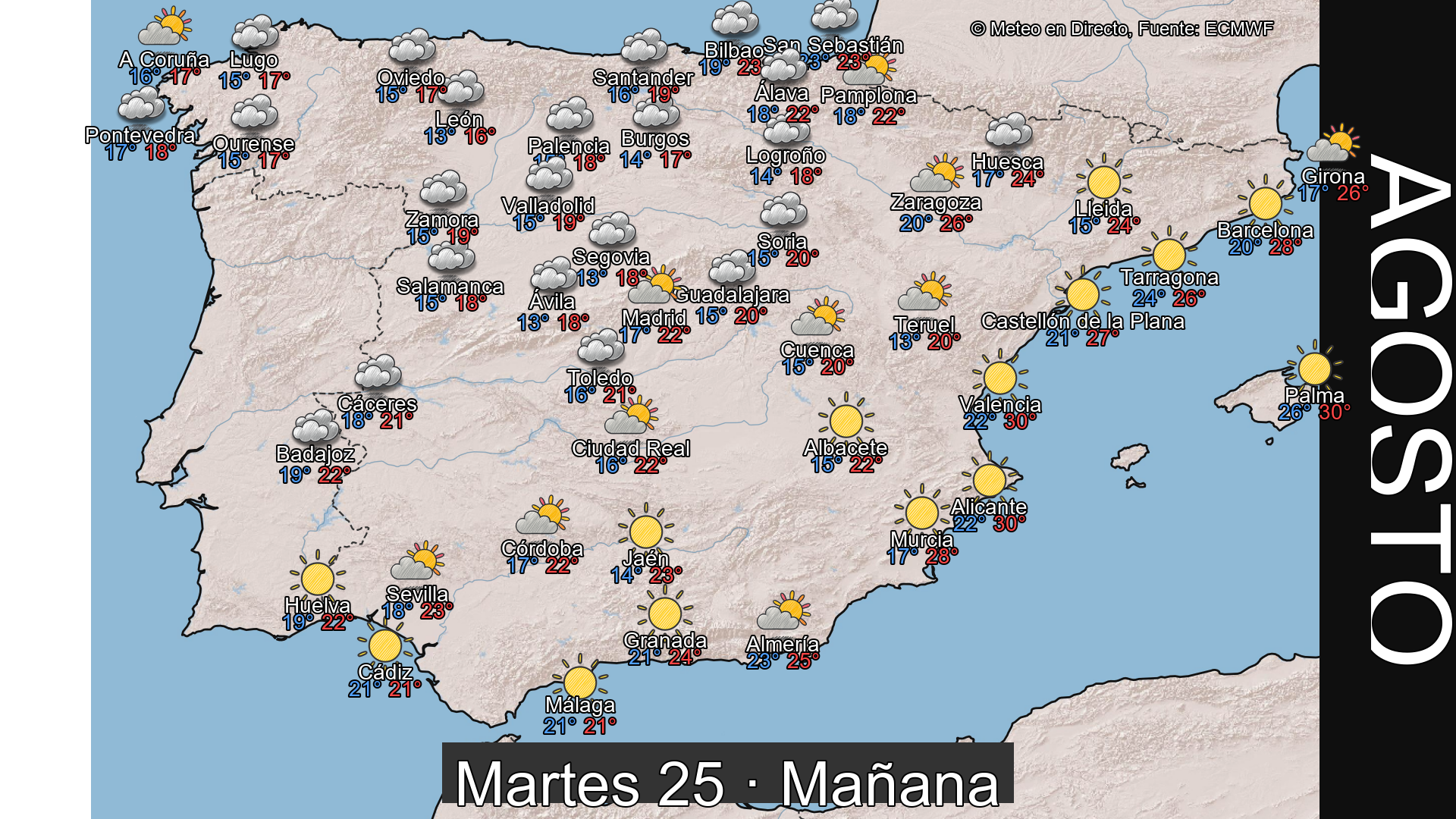 Previsión del tiempo España 25 de agosto de 2026 mapa mañana