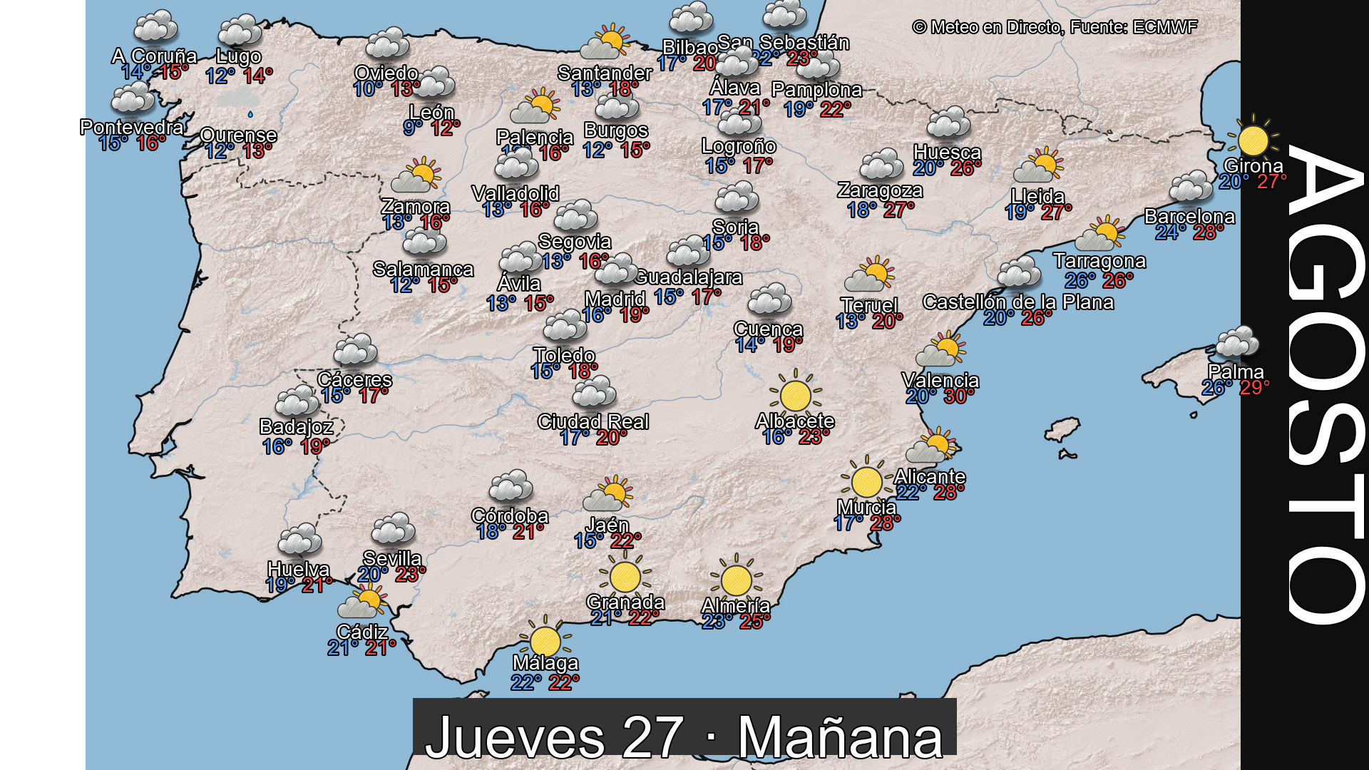 Previsión del tiempo España 27 de agosto de 2026 mapa mañana