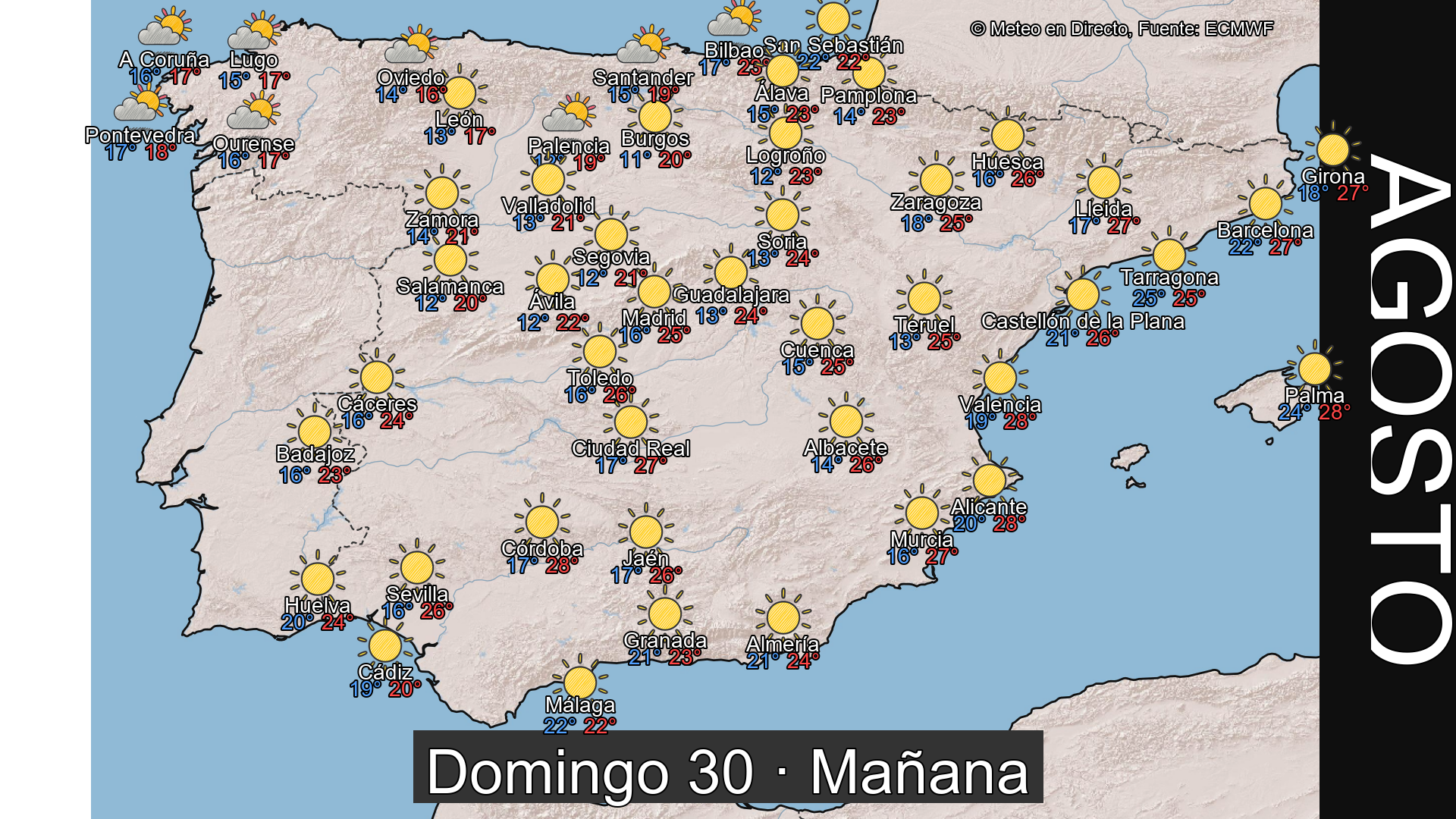 Previsión del tiempo España 30 de agosto de 2026 mapa mañana